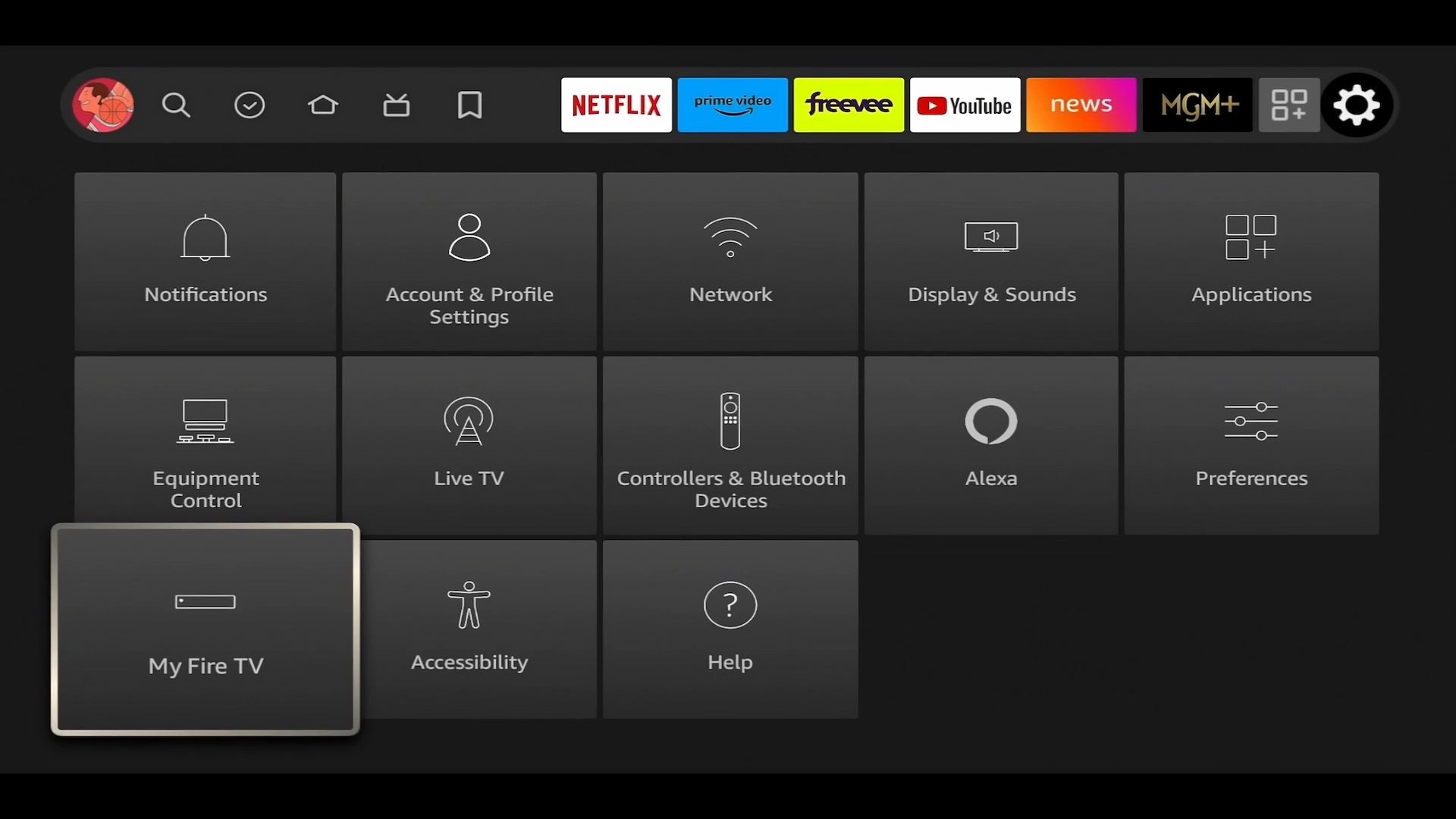 Settings → My Fire TV highlighted on Firestick
